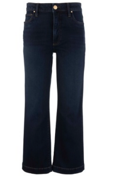 Kelsey Patience wash jeans; Kut from the Kloth Kelsey kick flare jeans; high rise kick flare jeans; dark wash kick flare jeans; women’s wide hem jeans; five pocket kick flare jeans; Patience wash denim; dark blue high rise flare jeans; cropped kick flare jeans