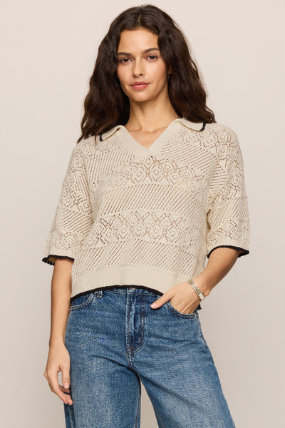 Z Supply Denman Crochet Polo Sweater in cream - front view, collared polo neckline, short sleeve, open-stitch crochet pattern, 100% cotton.


