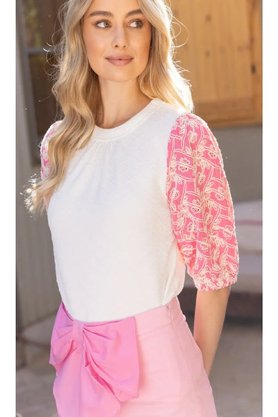 TEXTURED ELEGANCE KNIT TOP WITH FLORAL EMBROIDERED SLEEVES