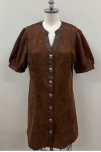 VINTAGE INSPIRED PUFF SLEEVE V-NECK BUTTON UP SUEDE DRESS WITH FRONT TRIM DETAIL