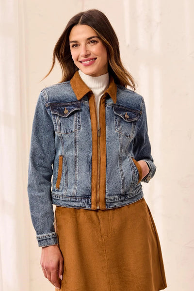 Front view of a light wash denim jacket with brown suede collar, center zipper, chest flap pockets, and welt pockets;zip front denim jacket with suede trim
tribal denim jacket women's
mixed media denim jacket
light wash denim jacket with zipper
women's suede trim jean jacket
cotton spandex stretch denim jacket
structured denim jacket with welt pockets
fall layering denim jacket
denim jacket with suede collar
dressy denim jacket for women