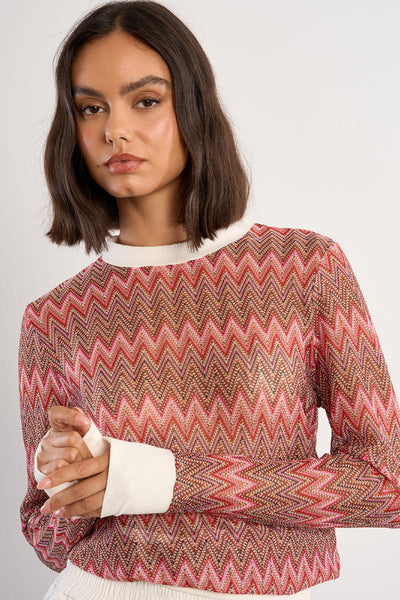 Multicolor chevron zigzag woven sweater beige with cream ribbed neckline and cuffs, straight fit, long sleeves — front view