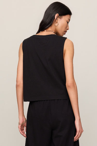  Z Supply Sloane V Neck Top in black - back view, deep V-neckline, sleeveless, relaxed fit, 100% cotton mineral wash jersey.
