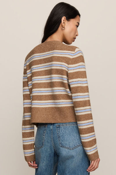 Back view of the Z Supply Medina Stripe Cardigan showing caramel, cream, and pale blue stripes with long sleeves and a ribbed hem.Z Supply Medina Stripe Cardigan; Z Supply Golden Caramel cardigan; ZW263330 cardigan; women’s caramel striped cardigan; cream and blue stripe cardigan; crew neck button front cardigan; Z Supply Cozy Spring Yarns cardigan; women’s short knit cardigan; striped cardigan for high-rise jeans.