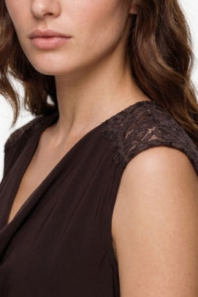 Close-up of Liverpool Draped Neck Sleeveless Knit Top showing delicate lace cap sleeve detail at shoulder in espresso brown.