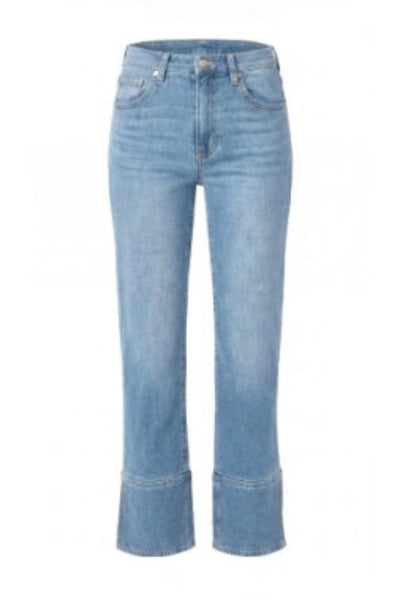 Liverpool Kennedy Straight Jeans with cuff and slit in light-wash denim, front view, showing tailored cuff hem detail.
