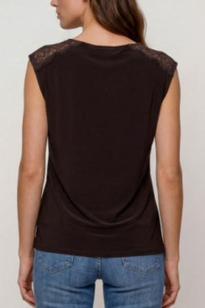Liverpool Draped Neck Sleeveless Knit Top with Lace in espresso brown, lace shoulder detail at back, fitted knit, sleeveless — back view on model styled with denim.