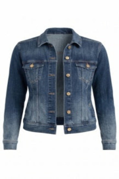 Liverpool Classic Jean Jacket in ombre dark wash denim displayed open on white background showing chest pockets and 6-button front closure