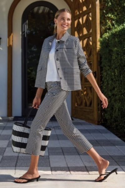 Black and white gingham button-front collared jacket with pockets, relaxed fit, long sleeves — styled with matching gingham pants and sandals.