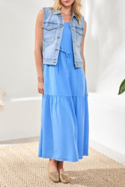 Tribal sleeveless denim jacket in desert wash with functional patch pockets and modern relaxed shape — front view