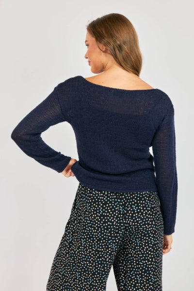 LAYERING ESSEENTIAL  ALWAYS HER SWEATER - NAVY BLUE TEXTURED KNIT PULLOVER
