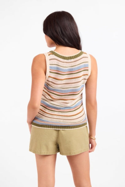 Sadie & Sage Fall Stripe Sweater Vest in multi-toned open knit with horizontal earthy stripes, ribbed armhole and hem trim, relaxed straight fit — back view.