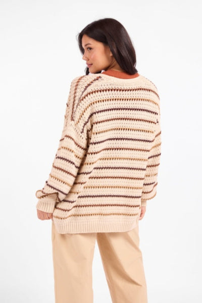Sadie & Sage Lost Range Stripe Cardigan in ivory multi, chunky open-knit, horizontal stripe pattern, dropped shoulders, wide ribbed cuffs, hip-length — back view