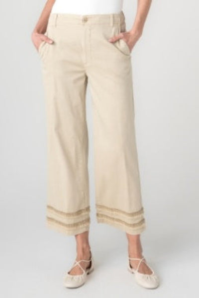 Safari Sand crop wide leg pants with fray and lace hem detail, front view, paired with white top and neutral sandals.
