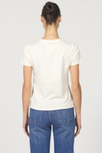 Model is wearing a relaxed-fit garment-dyed white crew neck Unity T-Shirt in 100% cotton jersey, back view showing clean neckline and short sleeves.