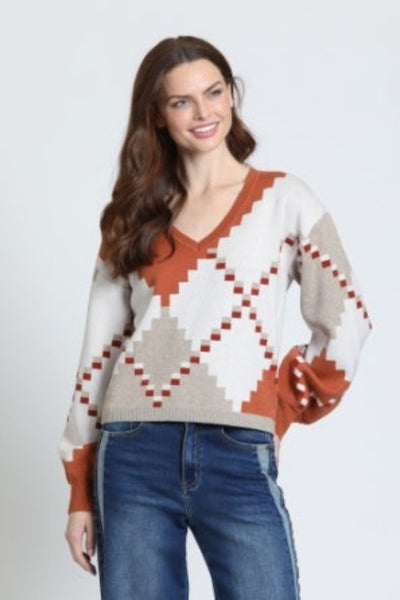 APNY Canyon Knit Pullover
women's geometric argyle sweater
diamond jacquard pullover sweater
women's boho knit sweater rust cream
V-neck balloon sleeve sweater women
women's cropped jacquard sweater
geometric pattern knit pullover women
rust and cream sweater women
women's fall statement sweater
SW233 APNY sweaterDone