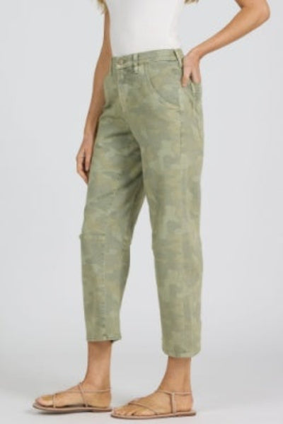 Model is wearing high-rise barrel leg Dear John Lasso Jeans in sage Riviera camo with relaxed fit through hip and thigh, side view.