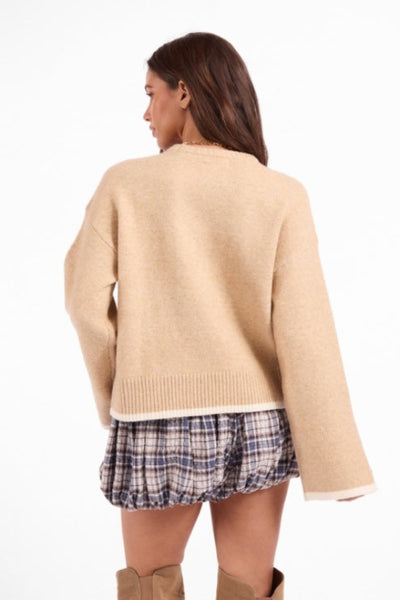 Sage the Label Angelina Cuff Slit Crew Neck Sweater in beige ivory with cream contrast trim, wide sleeves, ribbed hem, relaxed fit — back view