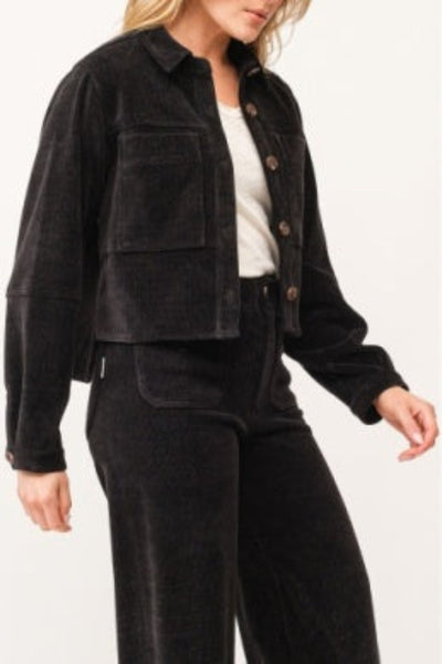 Side view of black cropped corduroy jacket with long sleeves and chest pocket;Dear John cropped Gina jacket
Dear John black corduroy jacket
women’s cropped black corduroy jacket
black cropped jacket for women
lightweight corduroy jacket
fine-wale corduroy jacket
women’s button-front corduroy jacket
black cropped fall jacket
cropped jacket with stretch fabric
versatile black jacket for layering