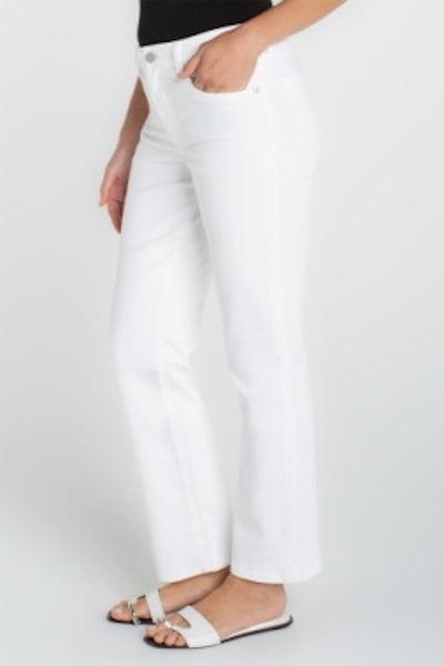 Side view of Kennedy straight leg jeans in white with mid rise fit