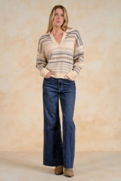 women’s V-neck collared sweater
Elan V-neck sweater
women’s collared sweater
off-white patterned sweater
tan and blue sweater for women
women’s soft knit sweater
polished casual sweater
versatile women’s sweater
V-neck sweater for work
women’s sweater for jeansElan off-white patterned V-neck collared sweater with relaxed long sleeves and jeans