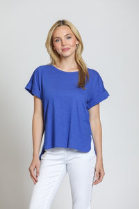 Cobalt blue rolled sleeve cotton tee. 