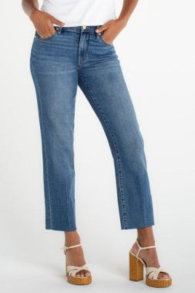 Light wash Kennedy crop straight jeans with blind hem, front view, paired with white top and platform sandals.