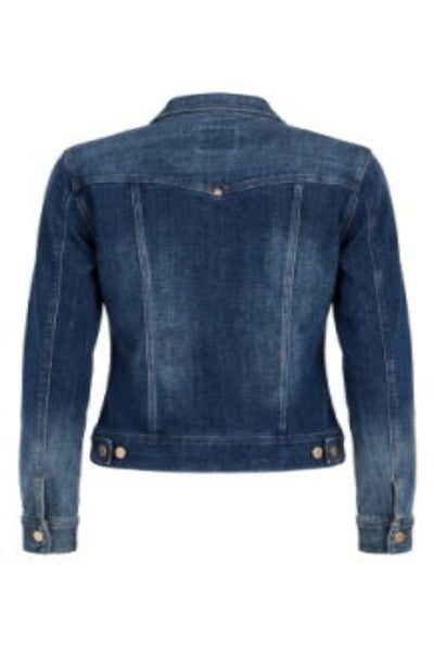 Back view of Liverpool Classic Jean Jacket in ombre dark wash denim showing structured silhouette and golden hardware detail.