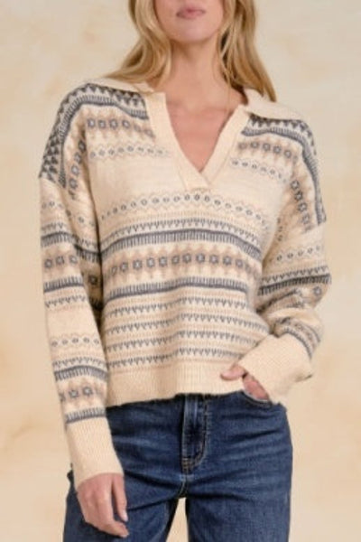 women’s V-neck collared sweater
Elan V-neck sweater
women’s collared sweater
off-white patterned sweater
tan and blue sweater for women
women’s soft knit sweater
polished casual sweater
versatile women’s sweater
V-neck sweater for work
women’s sweater for jeans
Close-up of Elan off-white V-neck collared sweater showing tan and blue design details
