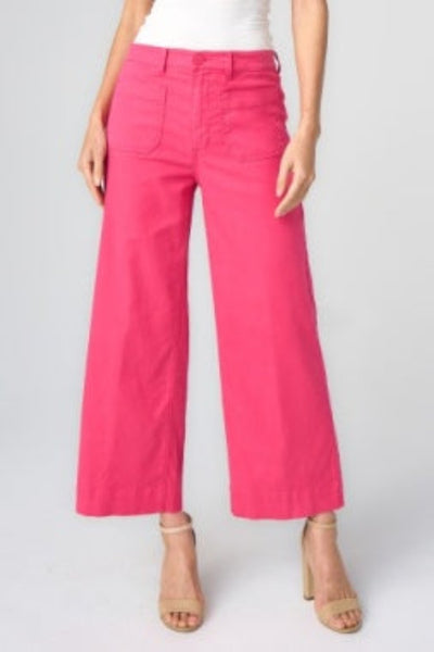 Diva pink high-rise crop wide leg jeans with patch pockets, front view, paired with white top.