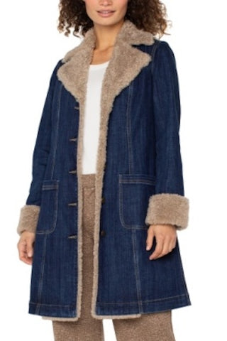 DENIM MEETS COZY SHERPA TRIMMED NOTCH COLLAR JACKET