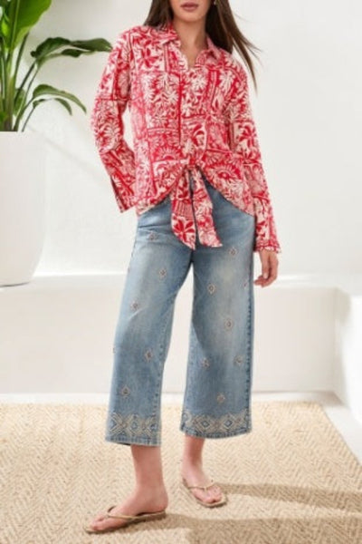 SOPHISTICATED AND EFFORTLESS PRINTED TEXTURED CHALLIS BLOUSE WITH TIE FRONT