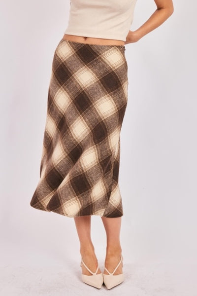 COZY WOVEN PLAID MIDI SKIRT