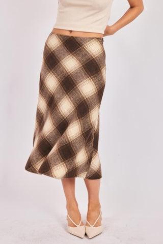 COZY WOVEN PLAID MIDI SKIRT