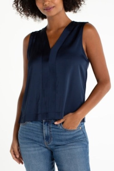 POLISHED SLEEVELESS V-NECK WOVEN-TO-KNIT TOP