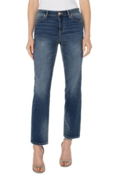 Liverpool Kennedy Straight Leg Jeans in oasis medium wash, mid-rise, straight leg silhouette, 5-pocket styling, zip-fly with single button closure, 30" inseam — front view on model styled with strappy heels