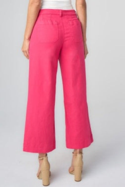 Diva pink high-rise crop wide leg jeans with patch pockets, back view, paired with white top.