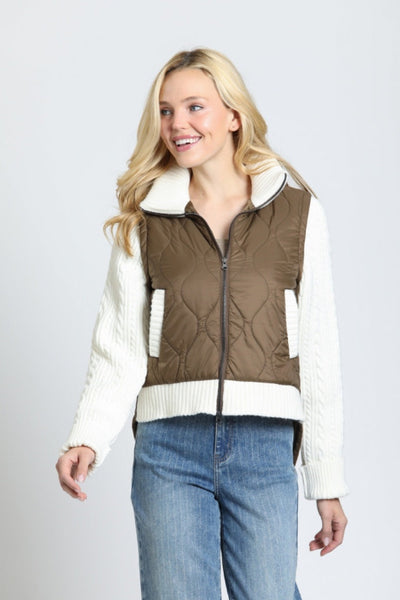 APNY sweater sleeve puffer jacket
APNY olive-brown quilted jacket
women’s puffer jacket with knit sleeves
olive-brown and cream mixed-media jacket
women’s quilted sweater jacket
cable-knit sleeve puffer jacket
zip-front jacket with sweater sleeves
women’s quilted jacket with welt pockets
relaxed fit puffer sweater jacket
APNY olive-brown jacket for women
