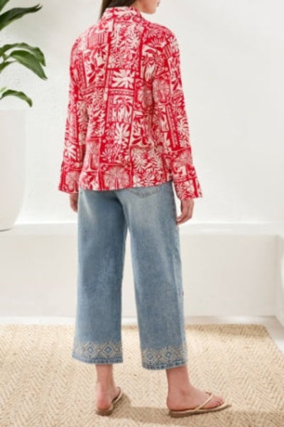 SOPHISTICATED AND EFFORTLESS PRINTED TEXTURED CHALLIS BLOUSE WITH TIE FRONT