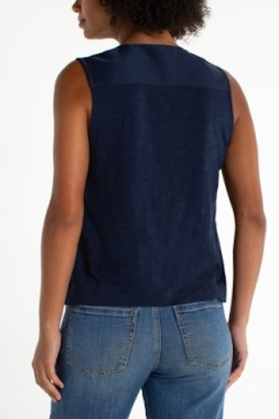 POLISHED SLEEVELESS V-NECK WOVEN-TO-KNIT TOP