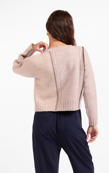 Sage the Label Geneva Sweater in Taupe Cream Multi with vertical cable details and ribbed hem, back view