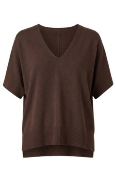 Liverpool Short Sleeve V-Neck Dolman Popover Sweater in java brown, relaxed oversized fit, short dolman sleeves, ribbed cuffs and step hem — front flat view on white background.
