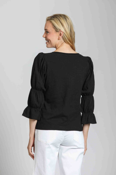 V-Neck Top with Renaissance Bell Sleeves - Black Statement Top-back view