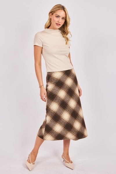 COZY WOVEN PLAID MIDI SKIRT
