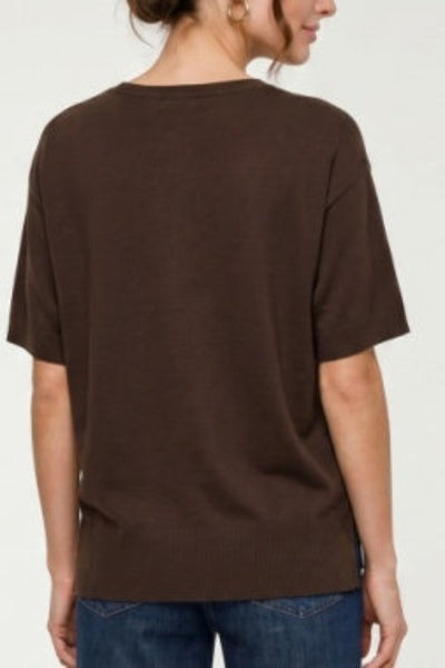 Liverpool Short Sleeve V-Neck Dolman Popover Sweater in java brown, relaxed fit, short dolman sleeves, ribbed step hem, styled with denim — back view on model