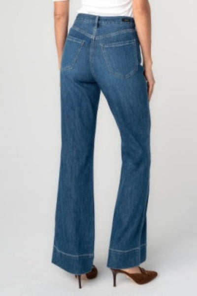 Liverpool Relaxed High Rise Seamed Bootcut Jeans in bayshore medium wash, high-rise waist, 5-pocket styling with back patch pockets, bootcut hem, 30" inseam — back view on model.