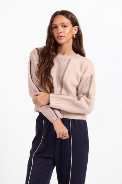 Sage the Label Geneva Sweater in Taupe Cream Multi with crew neckline and vertical cable details, front view
