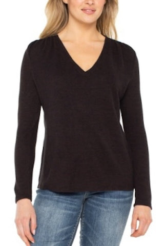 TIMELESS SIMPLICITY V-NECK LONG SLEEVE KNIT TOP WITH SHIRRING