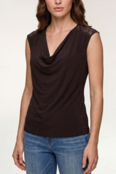 Liverpool Draped Neck Sleeveless Knit Top with Lace in espresso brown, cowl draped neckline, lace cap sleeve detail at shoulders, fitted silhouette — front view on model styled with denim.