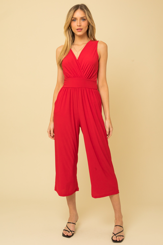 CLASSIC SOLID STRETCH KNIT SURPLICE CROPPED JUMPSUIT